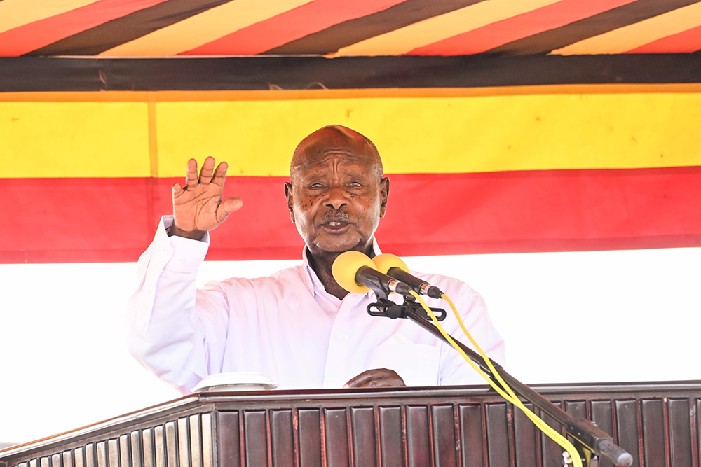 President Museveni addressing guests during the NRM Liberation day celebrations at Kololo on Monday. (PPU Photo)