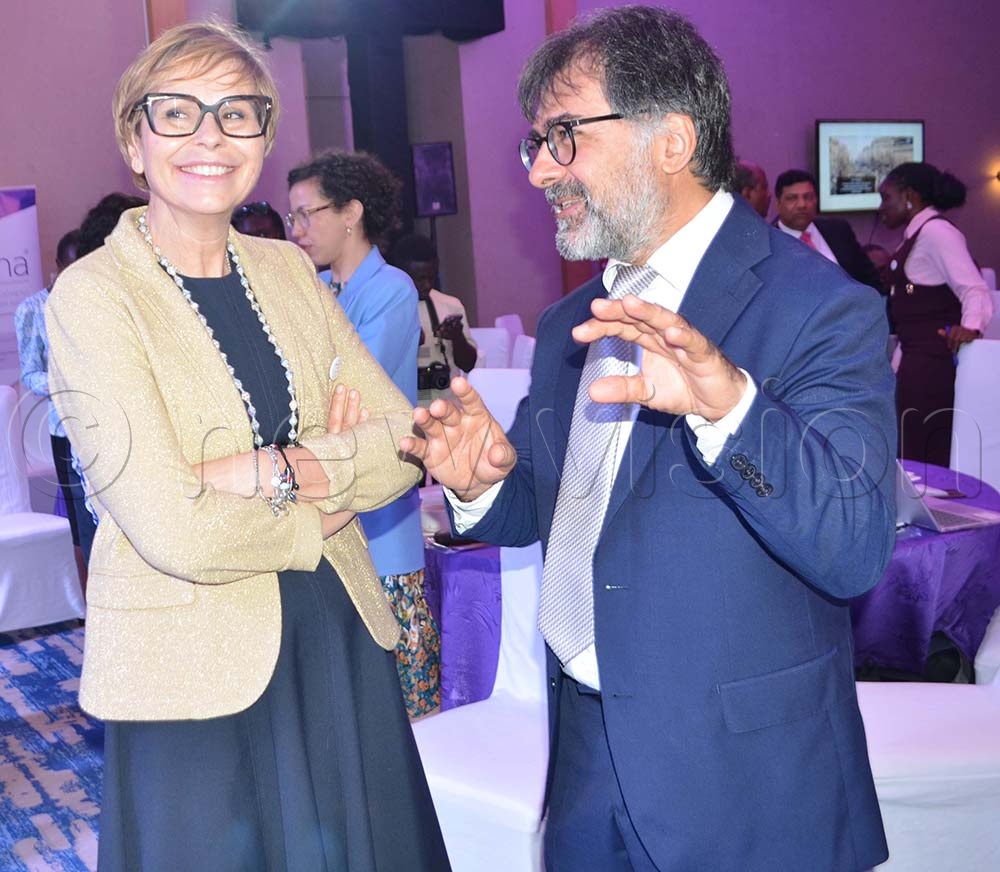 Florence Mabic, Senior Director Global Health Execution in the Chiesi group, interacts with Pierfrancesco Marsiaji, Italian Embassy Economic Attache, during the launch of caffeine citrate Peyona (20mg/ml) in Uganda. (Credit: Violet Nabatanzi)