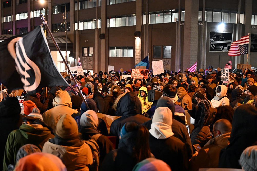 People protest in front of the Immigration and Customs Enforcement (ICE) headquarters in downtown Washington, DC, on January 24, 2026 following the deadly shooting of a man by federal immigration officers earlier in the day in Minneapolis, Minnesota. 