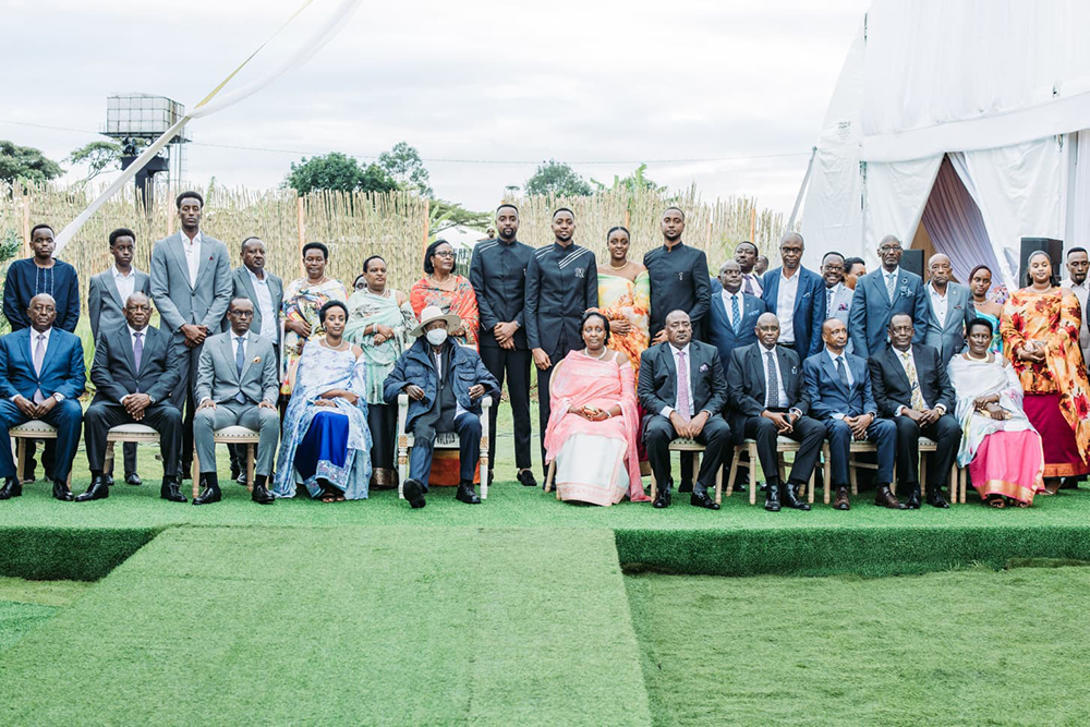 President Museveni (seated, fifth-left), Edwin and Natasha Karugire (seated, third-left), Sam and Ruth Kavuma (seated, fifth-right) with their guests.
