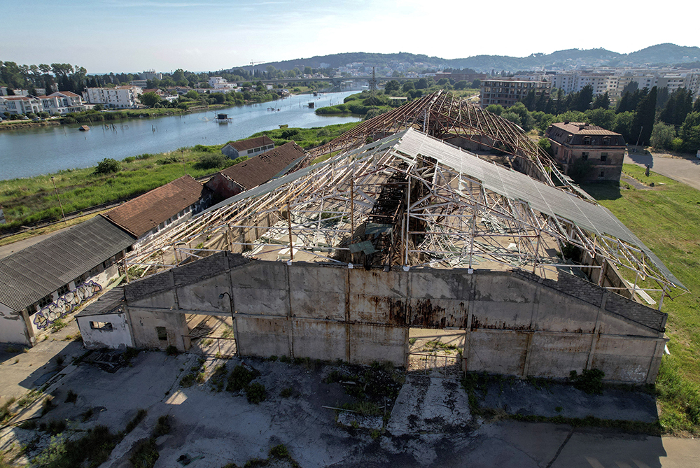 An aerial view shows abandoned saltworks in Ulcinj, on June 2, 2026. Every year, birds in their tens of thousands glide over the rusting remains of one of the Mediterranean's largest saltworks to rest in the rare paradise it left behind. 