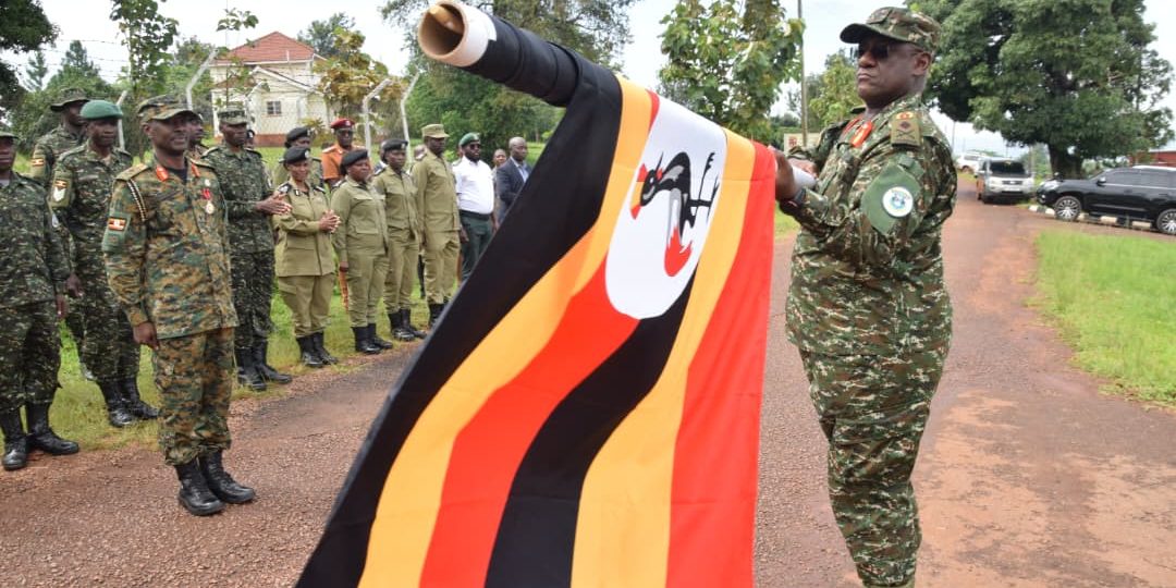 Brig. Gen. Michael Kabango, Commandant SCSC Kimaka flags off Uganda Contingent for 14th EAC USHIRIKIANO IMARA exercise. (Courtesy)