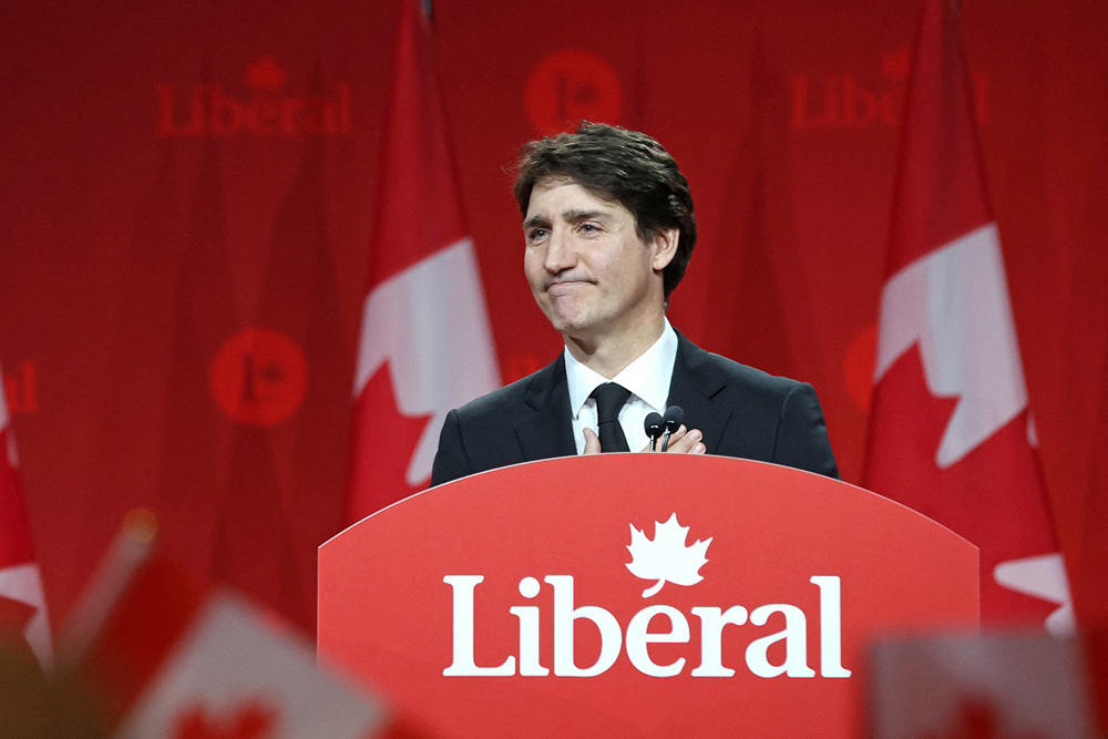 Canada's Prime Minister Justin Trudeau speaks after Mark Carney was elected as Canada's Liberal Leader and Prime Minister-elect during the election of the new Liberal Party leader, in Ottawa on March 9, 2025. (AFP)