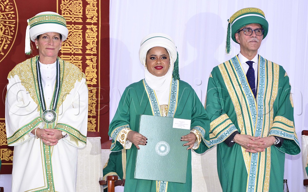 Princess Zahra Aga Khan (left), Rashid, a graduand and Dr Sulaiman Shahabuddin (right), AKU Vice Chancellor pose for a photo during the awarding of degrees at Aga Khan University on 7th February 2026. (Photo by Juliet Kasirye)