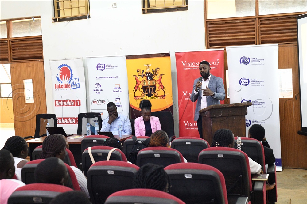 UCC regional manager Emmanuel Muyomba talks to Kyambogo University students during their orientation in the upcoming ultimate university quiz challenge.