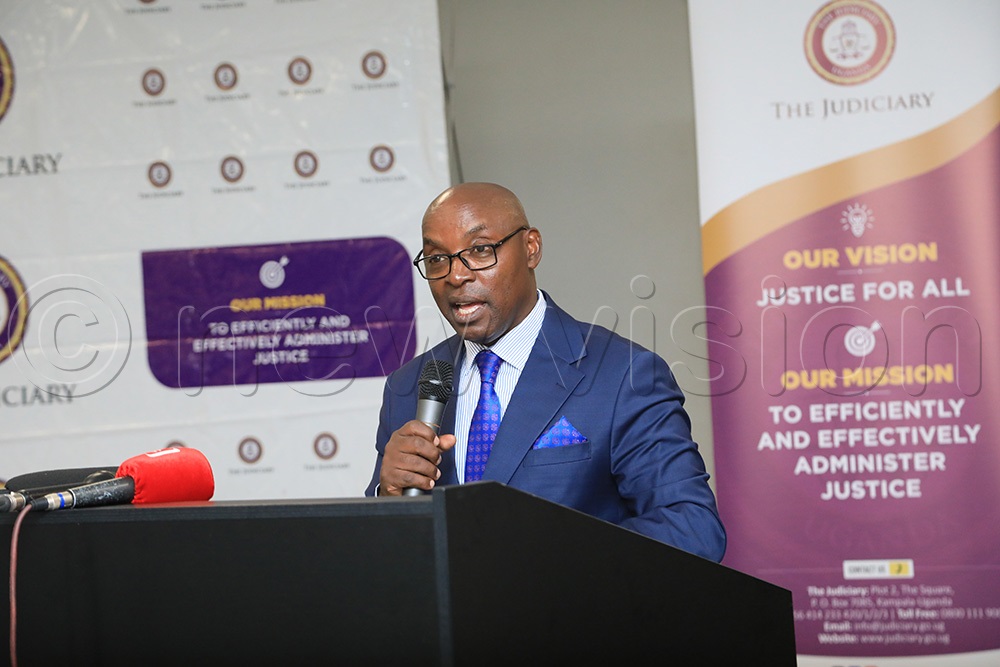  Dr. Flavian Zeija, the deputy chief Justice speaking during the official handover of Chief Justice Alfonse Owiny-Dollo. (Photo by David Lukiiza)