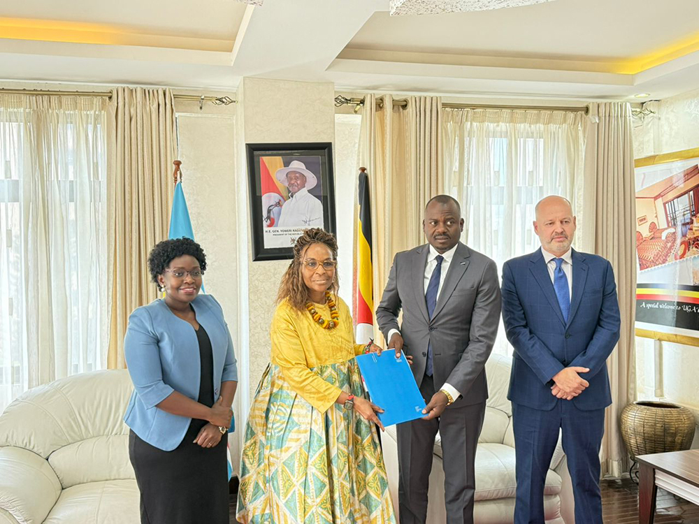 Minister Haruna Kasolo poses with Ms Wanja Kaaria after receiving her Letters of Credence as the new World Food Programme (WFP) Representative & Country Director in Uganda. (Courtesy)