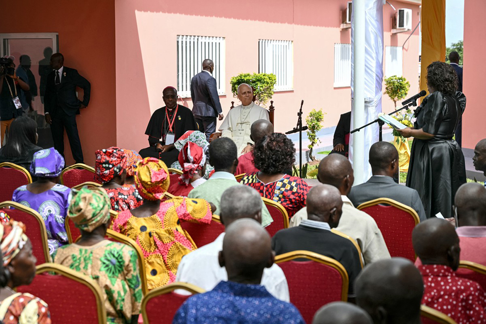 Pope Leo XIV (C) visits the Nursing Home of the Little Sisters of the Poor in Saurimo on the eighth day of an 11-day apostolic journey to Africa, on April 20, 2026.