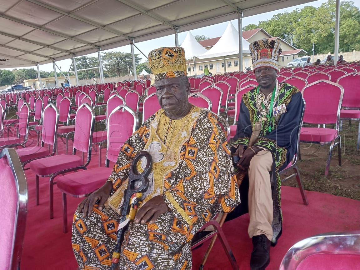 His Royal Highness Alia Angelo of the Lugbara Kari Kingdom (front) and Opi Abakole Tair of Obongi Chiefdom (behind).