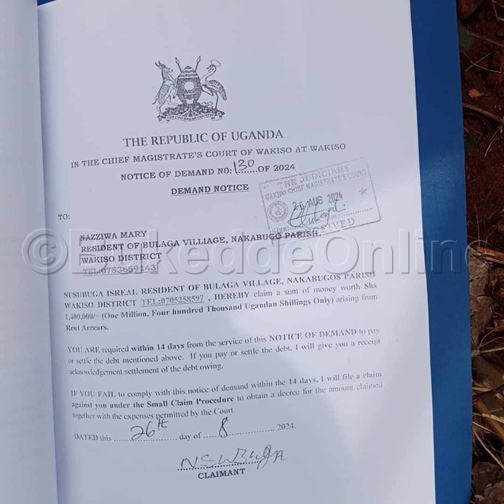 Emu Ku Bbaluwa Ya Kkooti Eyali Eragira Nazziwa Okusasula Ebbanja Lye Yali Alina.