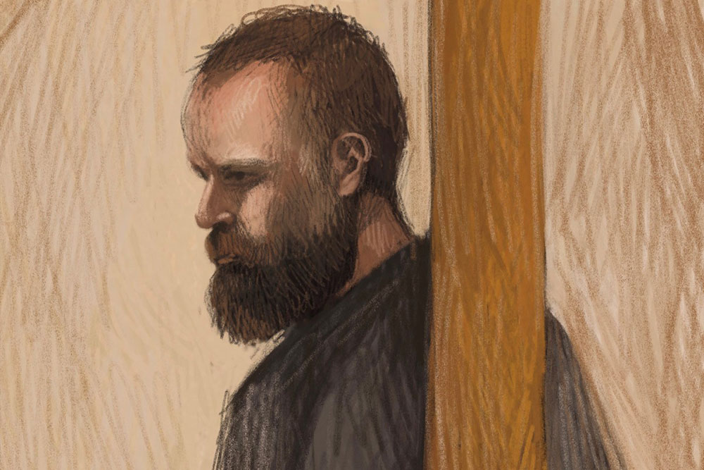 This sketch by artist Anita Lester depicts 43-year-old Brendan Nugent at a court hearing in Wangaratta, after he was charged with the federal crime of harming a public official. (AFP/Handout)