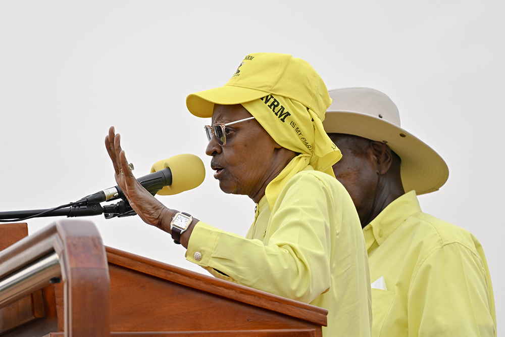 First Lady and Minister of Education and Sports Maama Janet Museveni, addressing the rally.