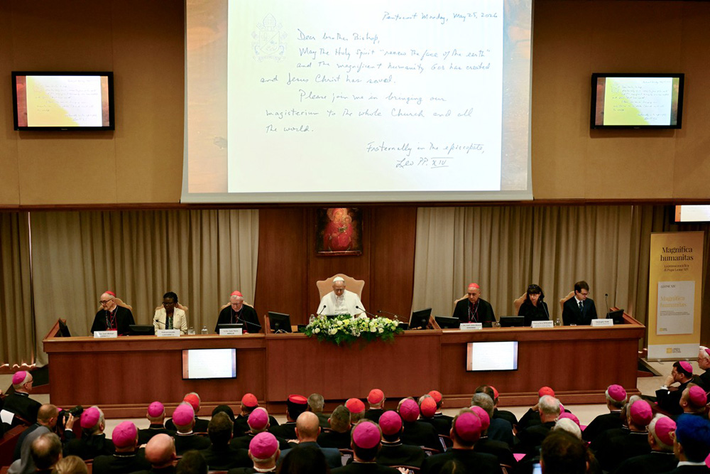 Pope Leo XIV attends the presentation of his first Encyclical Letter “Magnifica Humanitas” focused on the rise of artificial intelligence, in The Vatican on May 25, 2026. (Photo by Alberto PIZZOLI / AFP)
