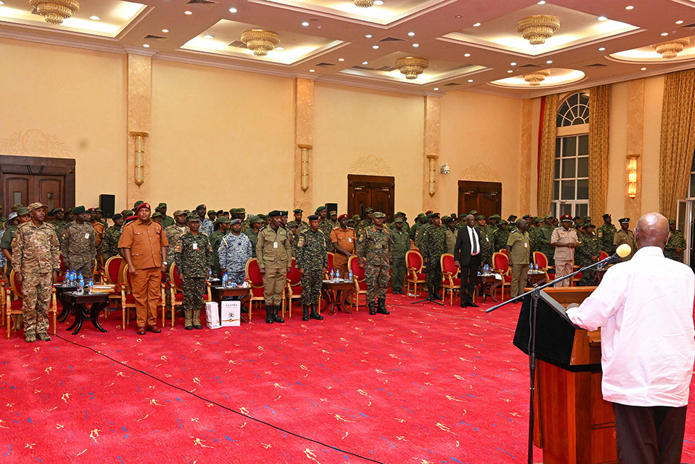 President Museveni passing out Security officers from Uganda Peoples' Defence Forces (UPDF), Uganda Police Force (UPF), Uganda Prisons, ISO and ESO upon completion of the Advanced Joint Senior Political Education and Leadership Development Course at the National Leadership Institute (NALI), Kyankwanzi. (PPU Photo)