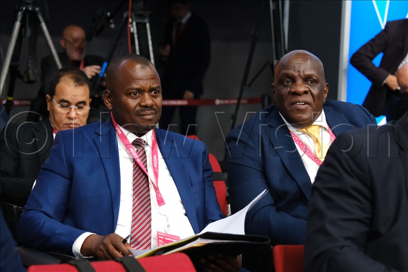 Haruna Kyeyune Kasolo, Minister of State for foreign Affairs (Regional Affairs) and Moses Kizige, Uganda Ambassador to Uganda attending the Russia - Africa Economic and Humanitarian Forum in Moscow on October 28, 2026.
