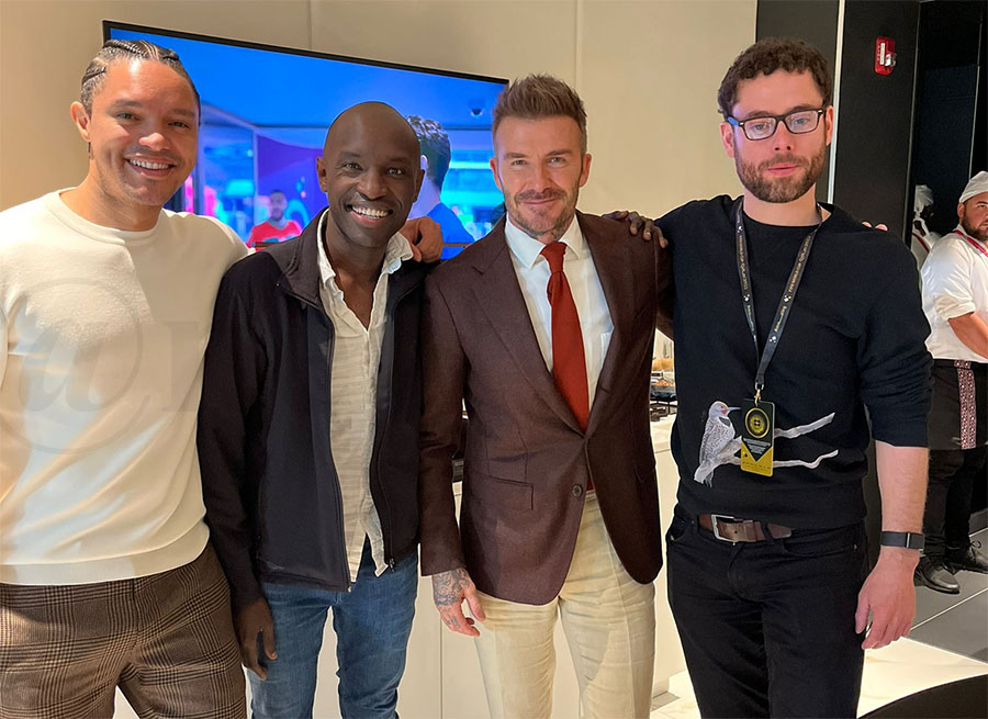 Trevor Noah, Joseph Opio and Manchester United great David Beckham at the World Cup in Qatar