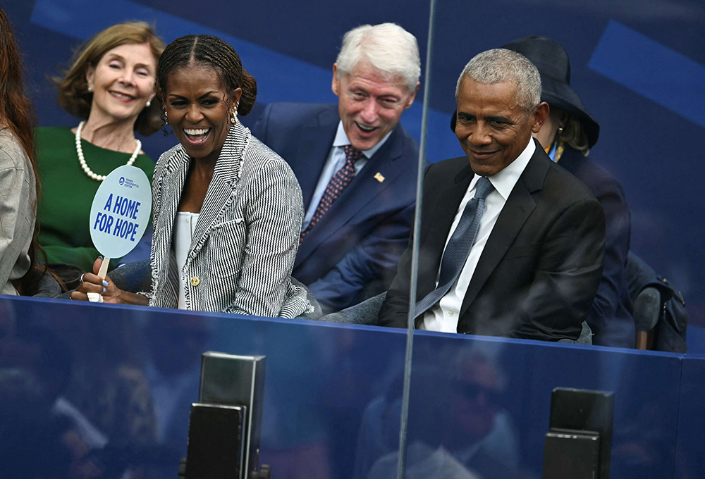 (L/R) Former US first ladies Laura Bush, Michelle Obama, and former presidents Bill Clinton and Barack Obama attend the opening of the Barack Obama Presidential Center in Chicago, Illinois, on June 18, 2026. (Photo by Kent NISHIMURA / AFP)
