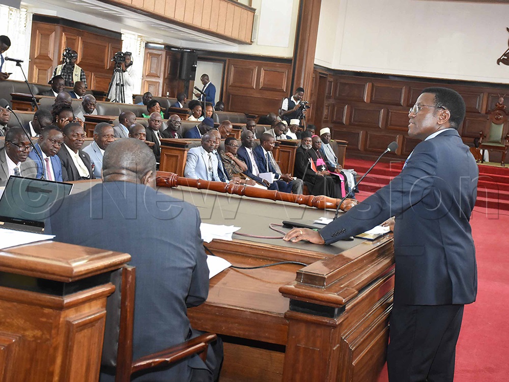 Buganda Katikkiro Charles Peter Mayiga speaking at the Great Buganda Lukiiko sitting at Bulange, Mengo, on July 6, 2026. (Credit: Dickson Kulumba)