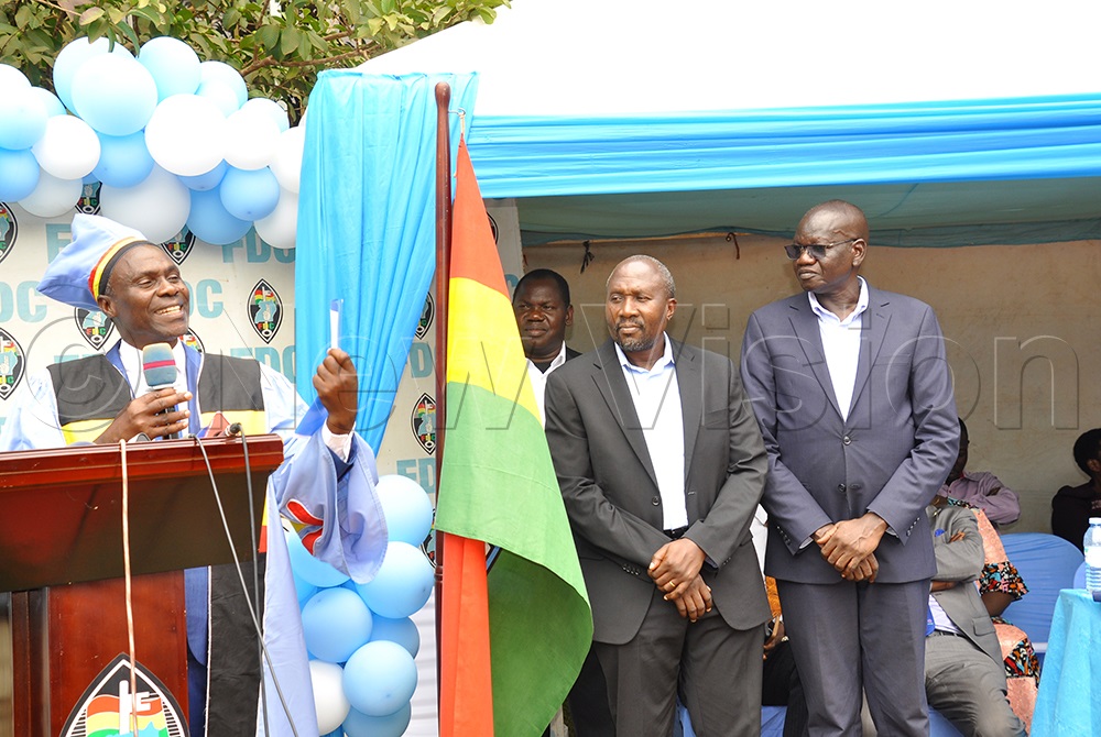 Boniface Bamwenda Toterebuka FDC electoral commission chairperson addressing as James Nandala Mafabi and Patrick Oboi Amuriat look on. This was at FDC headquarters Najjanankumbi on July 30, 2025. (Photo by Nancy Nanyonga)