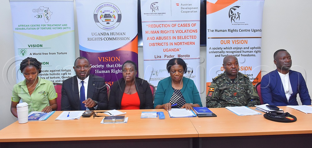 During a press conference on the status of human rights in Uganda from left; Nancy Ayebare from the African Centre for treatment and rehabilitation of torture victims, Robert Sempala the board chairperson for human rights defenders, Esther Nassiwa the human rights officer, Margaret Sekaggya the chairperson human rights centre Uganda, Gerald Bamwitirebye the head of human rights under UPDF and Philip Mangeni from the police human rights and legal services. (Photo by Julius Luwemba)