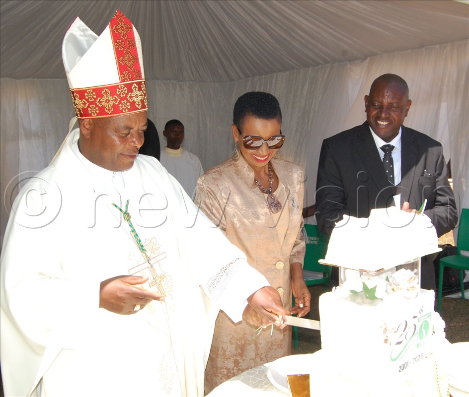 The archbishop of Mbarara, Lambert Bainomugisha, the state minister for health, Anifa Kawooya and Serenity Centre Executive Director Emmanuel Mubangizi cutting cake in celebration of the deaddiction facility's 25th anniversary at Kabulamuliro, Bwebajja (on Entebbe Road), in Wakiso district on Thursday, August 27, 2026.