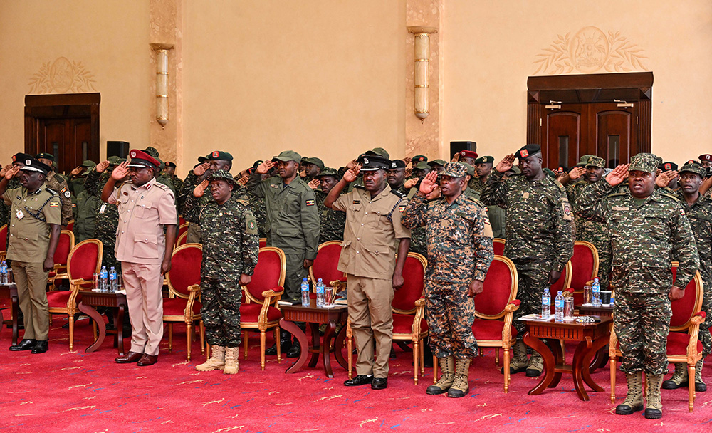 Security officers from Uganda Peoples' Defence Forces (UPDF), Uganda Police Force (UPF), Uganda Prisons, ISO and ESO attending an opportunity lecture with President Museveni at State House Entebbe on Friday, July 17, 2026. (PPU Photo)