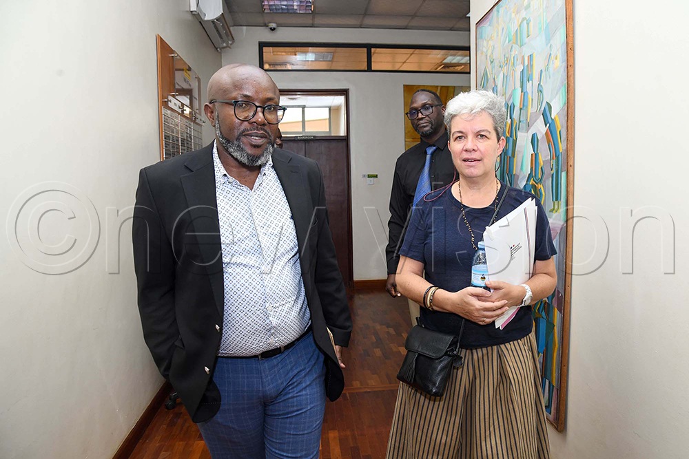 French Ambassador to Uganda, H.E. Virginie Leroy, is taken on a guided tour of Vision Group headquarters in Industrial Area by the company's Chief Executive Officer, Don Wanyama, during her courtesy visit. (Credit: Richard Sanya)