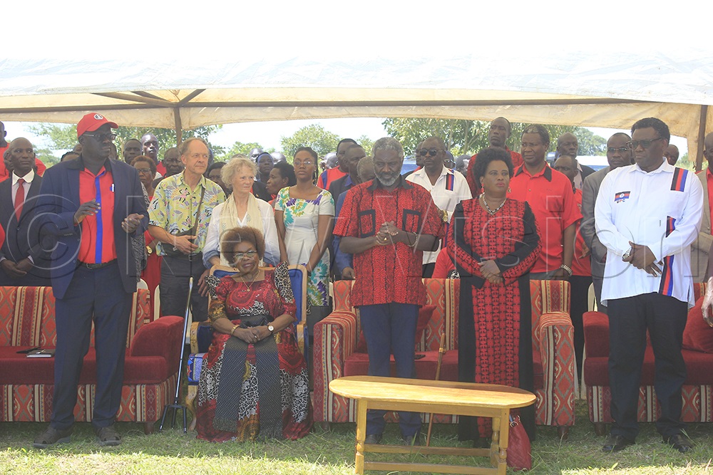 From R-L: UPC Secretary General, Fred Ebil Ebil (White shirt), Gender Minister Betty Amongi, UPC Party president Jimmy Akena, Obote's wife Miria Kalule Obote and Maruzi County MP Maxwell Akora. (Credit: Solomon Okabo)