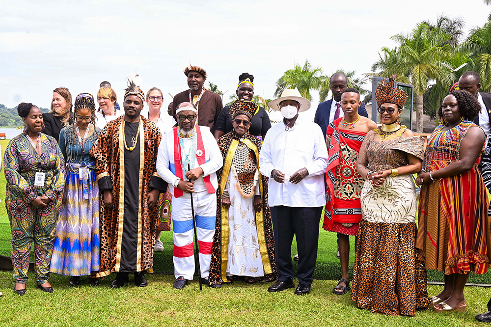 President Museveni shares a photo moment with some of the cultural leaders from Africa during the Pearl of Africa Tourism Expo at Speke Resort Munyonyo on Thursday.