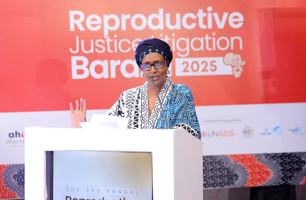 Executive Director UNAIDS Winnie Byanyima addressing guests during the recent 3rd  annual Reproductive Justice  Litigation Baraza 2025. (Courtesy Photo)