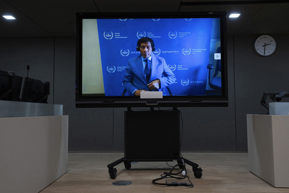Former Philippine president Rodrigo Duterte seen on a screen in the courtroom during an appearance before the International Criminal Court (ICC) on charge of crimes against humanity over his deadly crackdown on narcotics, in The Hague in March 2025. (AFP File)