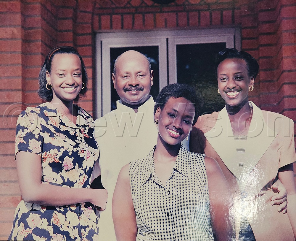 Museveni with his daughters, Patience Kokundeka (left), Diana Kyaremera (centre) and Natasha Museveni (right).