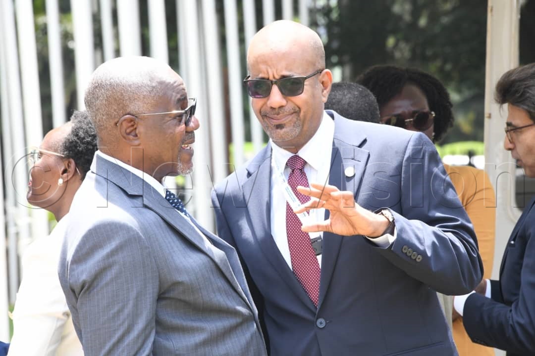 Geoffrey Kihuguru, Chairperson, Board, Uganda Development Bank (L) interacting with Admassu Tadesse, President TDB Group.