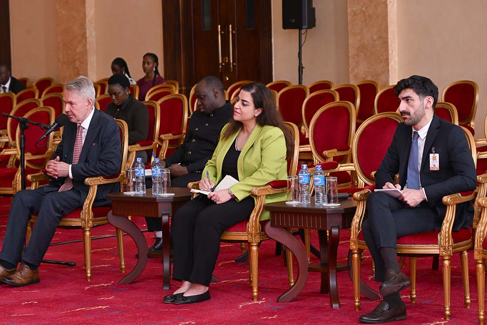 United Nations Secretary General Personal Envoy for Sudan H.E. Pekka Haavisto (L) and his delegation during a meeting with President Museveni at State House Entebbe on Friday.
