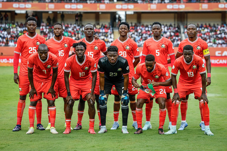 Kenya starting eleven poses ahead of the African Nations Championship (CHAN) group stage football match between Kenya and Democratic Republic of Congo. AFP PHOTO