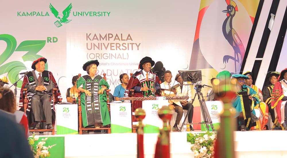 (L-R) Kampala University Chancellor Prof. Mondo Kagonyera, the Chief Guest Prof. Maggie Kigozi, and Vice Chancellor Prof. Badru Dungu Kateregga, during the 23rd Kampala University graduation ceremony in Kampala.