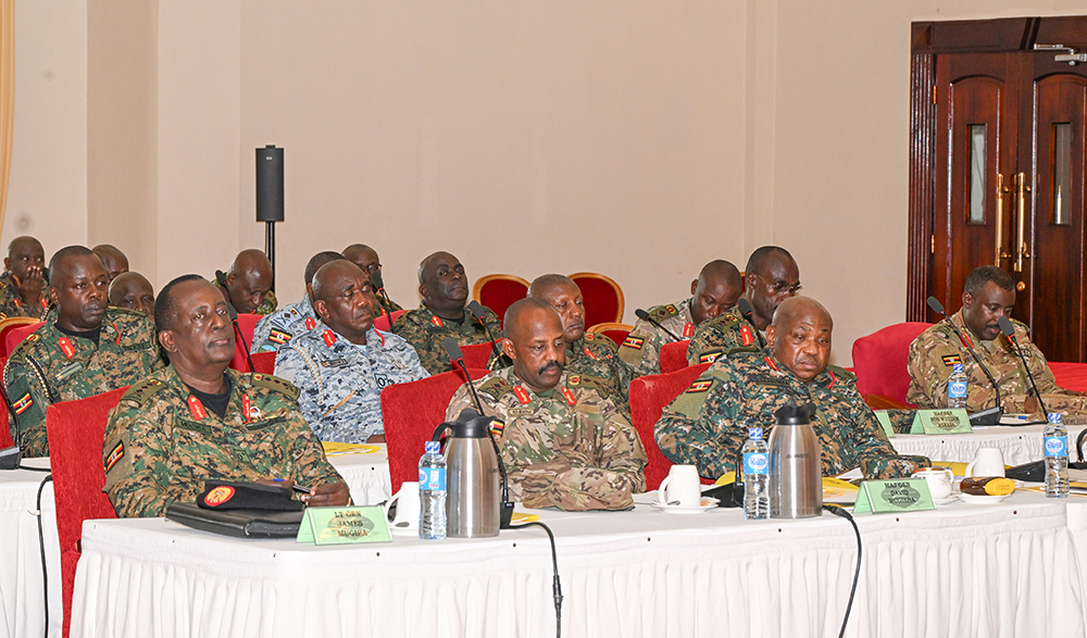 Some of the UPDF generals attending the UPDF Military High Command meeting chaired by President Museveni at State House Entebbe on Tuesday, Feb. 24, 2026. (PPU Photo)
