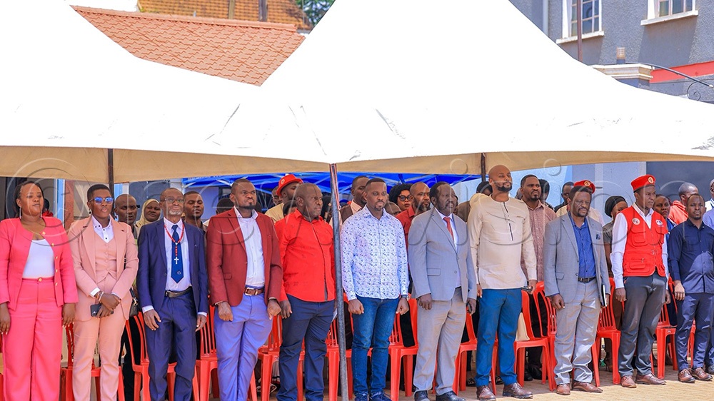 NUP leaders welcoming Yasin Ssekitoleko aka Machete, Patrick Mwase, Sharif Kalanzi, Musa Kavuma, Jimmy Galukande, Joseph Muwonge, Abdallah Kintu, and Abdukarim Gibusiwa made a parade during a press conference at NUP party headquarters in Makerere-Kavule at a press conference on Monday, August 3, 2026 (Photo by Isaac Nuwagaba)