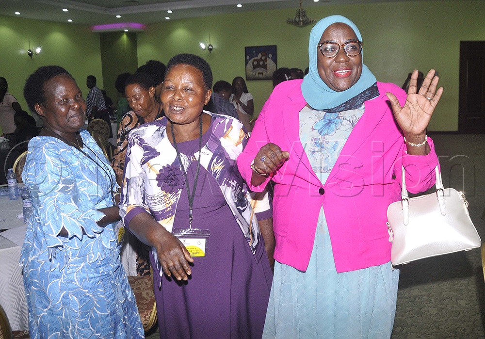 L&ndash;R: Josephine Namulindwa, Kalangala District Women Council Chairperson; Sherry Kyaleebara, Wakiso District Women Council Chairperson; and Faridah Kimbowa, Chairperson of the National Women Council Uganda, during a consultative meeting on the Institutional Support Fund for Women Council chairpersons and District Development Officers (DDOs) in Kampala. (Photo by Wilfred Sanya)