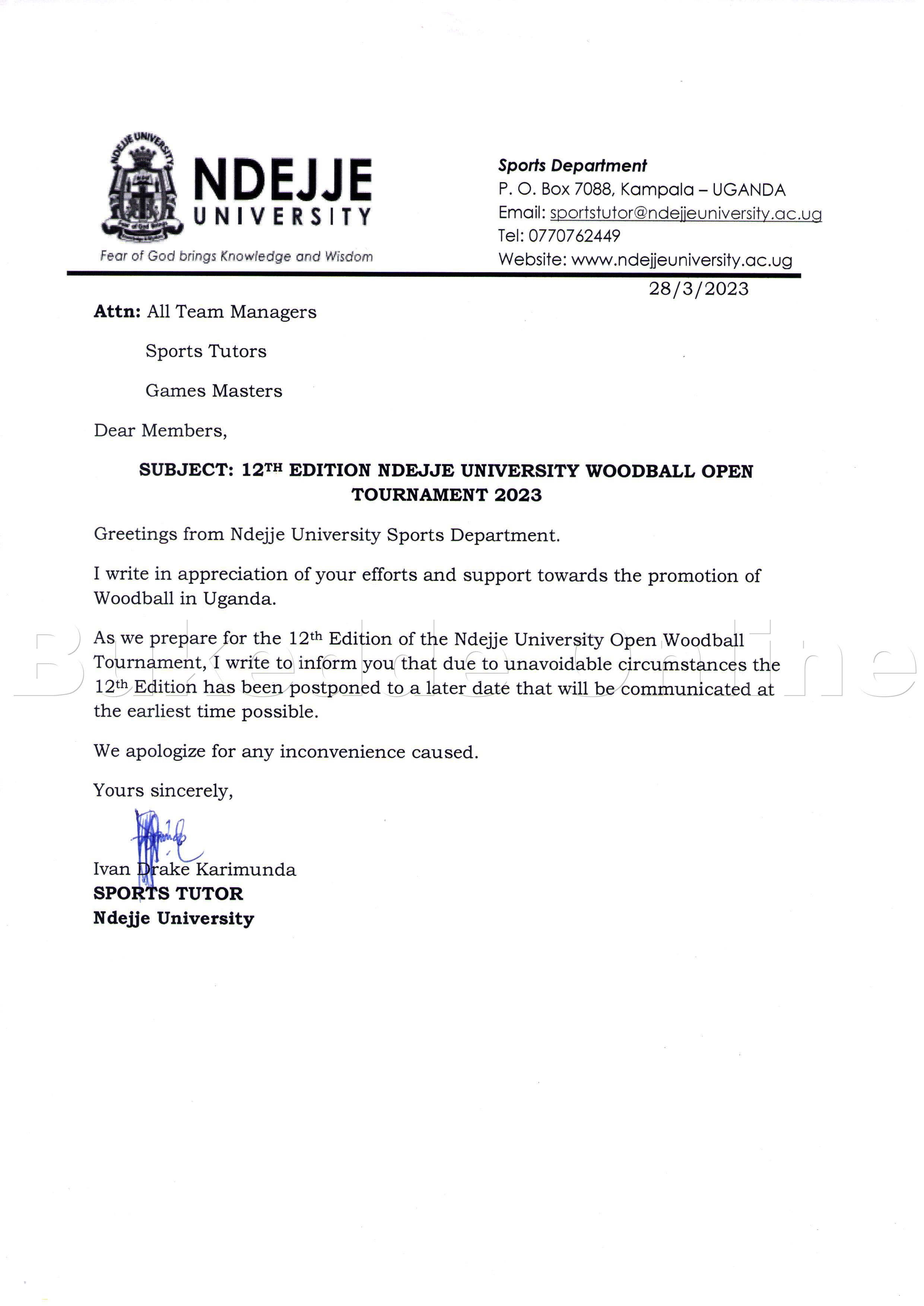 Ebbaluwa Eyawandikiddwa Akulira Eby'emizannyo Ku Ndejje University Nga Eyongezaayo Empaka Zino