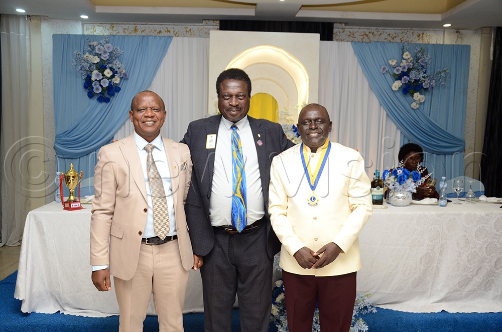 (L-R): Narcisio Bangirana, the Outgoing President of the Kampala Central Lions Club, Dr. Stanley Bubikire, the Immediate Past District Governor for District 411B and Dr. Hilary Kiiza the new President of the Kampala Central Lions Club pose for a picture during the 32nd presidential installation ceremony of the Kampala Central Lions Club at Hotel Eliana in Kampala on June 21, 2026. (Photo by Lawrence Mulondo)