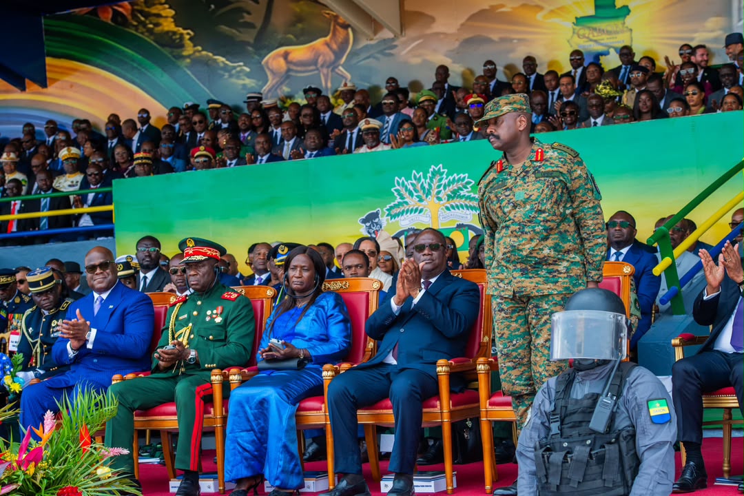 Uganda's Chief of Defence Forces, Gen. Muhoozi Kainerugaba (standing) being recognized during Gabon's 66th Independence Anniversary celebrations. (Courtesy)