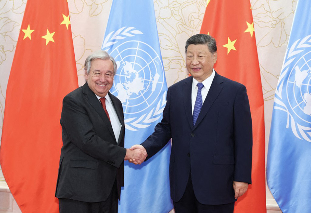 Chinese President Xi Jinping meets with United Nations Secretary-General Antonio Guterres in Tianjin, north China, Aug. 30, 2025. (Photo by Ding Haitao / Xinhua via AFP)