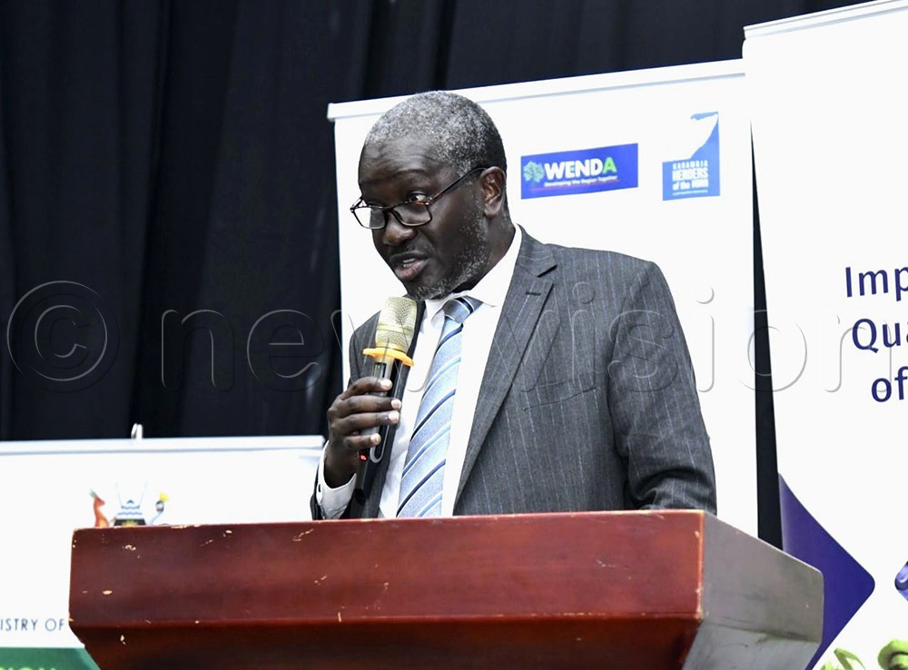 Minsitry of Water and Environment Dr. Alfred Okot Okidi addresing the forum. (Photo by Jeff Andrew Lule)