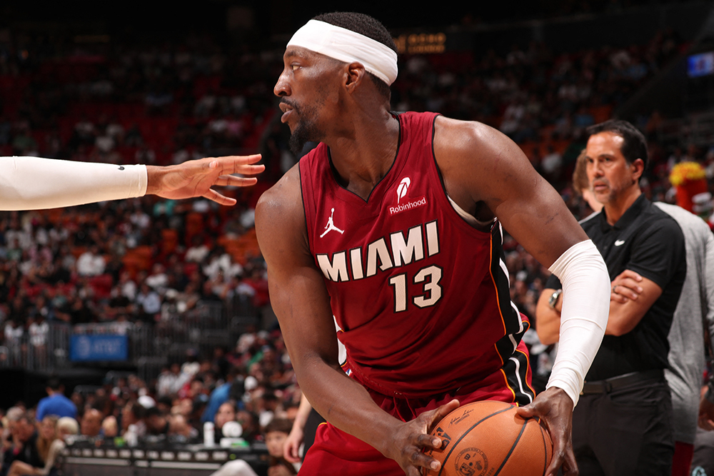 Bam Adebayo of the Miami Heat handles the ball during the game against the Washington Wizards on March 10, 2026 at Kaseya Center in Miami, Florida. (AFP)