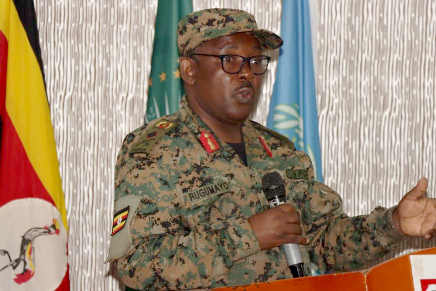 Deputy Chief of Defence Intelligence and Security, Brigadier General Abdul Rugumayo, giving his opening remarks during the three-day Open-Source Intelligence (OSINT) and Conflict Analysis Training (CAT). (Courtesy photo)