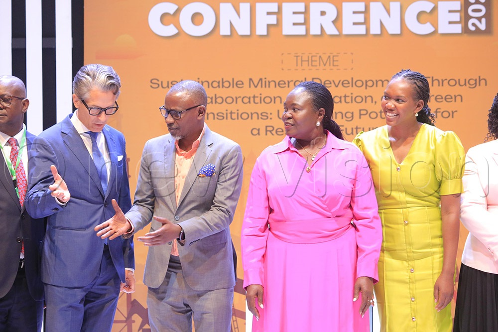 L-R: Jan Sadek, Head of EU Delegation in Uganda, Aggrey Ashaba, the chairman of the Uganda Chamber of Energy and Mines, Ruth Nankabirwa, Minister of Energy and Mineral Development and Phiona Nyamutoro, Minister of State for Minerals sharing moments during the 14 annual mineral wealth conference held on September 24, 2025, in Kampala. (Photos by Alfred Ochwo)