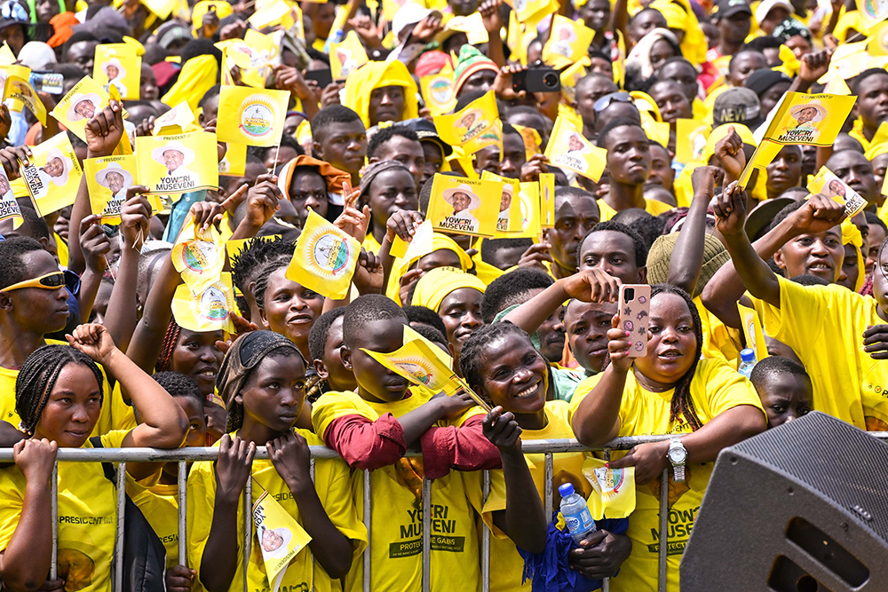 NRM supporters in Busongora North County express their support for President Museveni during a campaign rally at Nkaiga Primary School grounds in Busongora North, Kasese district on Monday, Jan. 12, 2026. (PPU)