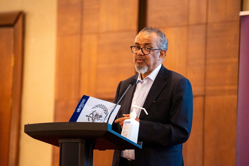 World Health Organisation (WHO) director-general Dr Tedros Adhanom Ghebreyesus addressing stakeholders during the meeting. (Credit: Ministry of Health)