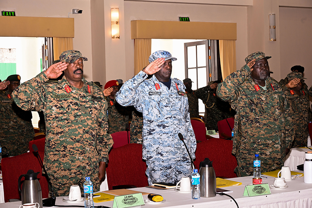 Some of the UPDF generals attending the UPDF Military High Command meeting chaired by President Museveni at State House Entebbe on Tuesday, Feb. 24, 2026. (PPU Photo)